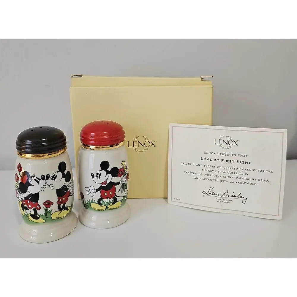 New Box Lenox Mickey Minnie Salt Pepper Shakers Love At First Sight COA Disney
